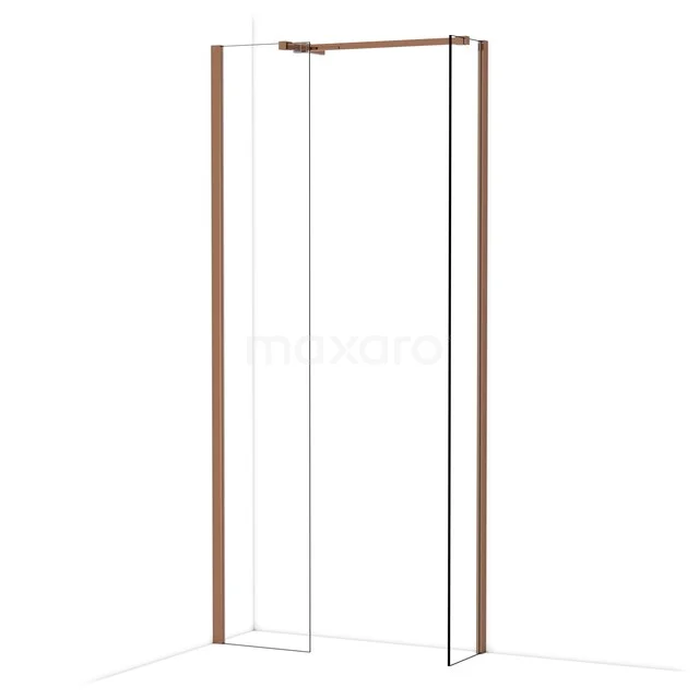 Glazen douchedeur met slanke rosegouden omlijsting, moderne stijl, ideaal voor luxe badkamerinrichting.