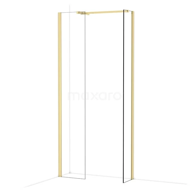 Duschwand Eckeinrichtung mit goldfarbener Umrahmung, Glasplatten und klarem Design für ein stilvolles Badezimmer.