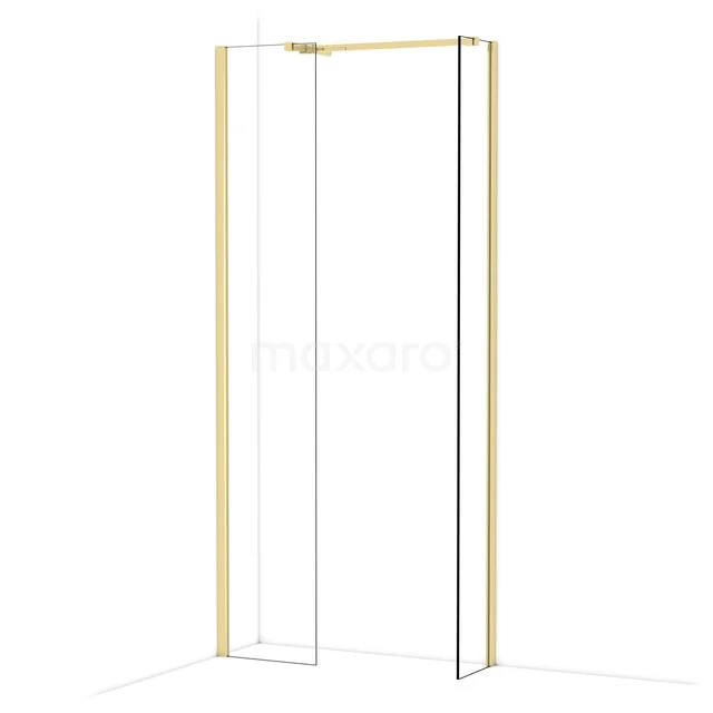 Shower wall corner setup with gold-coloured framing, glass panels and sleek design for a stylish bathroom.