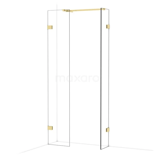 Goldene Eck-Duschtür aus Klarglas mit Scharnieren, luxuriöse Badezimmerlösung für eine moderne und stilvolle Einrichtung.