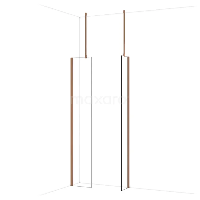 Minimalistische Duschwand mit Eckmontage, Klarglas und schmalen bronzen Profilen, ideal für ein stilvolles Badezimmer.