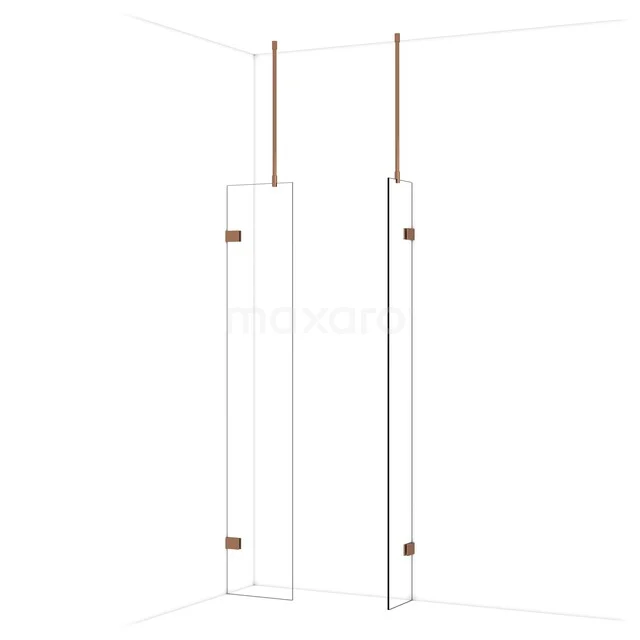 Witte glazen douchewand met koperkleurige details, modern minimalistisch design; perfect voor een stijlvolle badkamer inrichting.