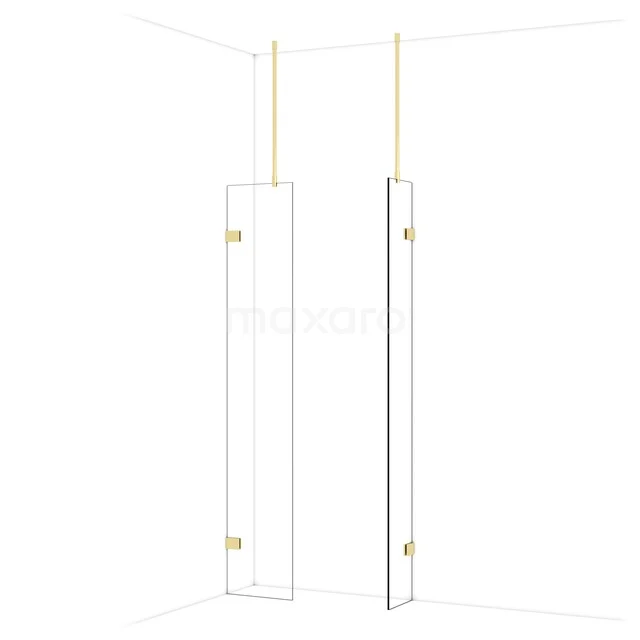 Weiße begehbare Duschwand mit goldfarbenen Details, minimalistisches Design aus Glas, perfekt für ein modernes Badezimmer.