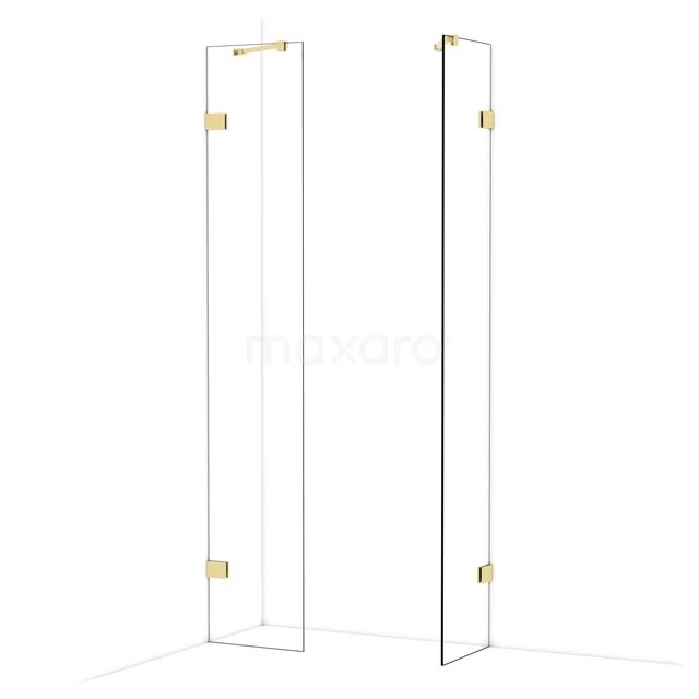 Glass shower wall with gold-coloured hinges, minimalist design, ideal for a stylish bathroom decor.