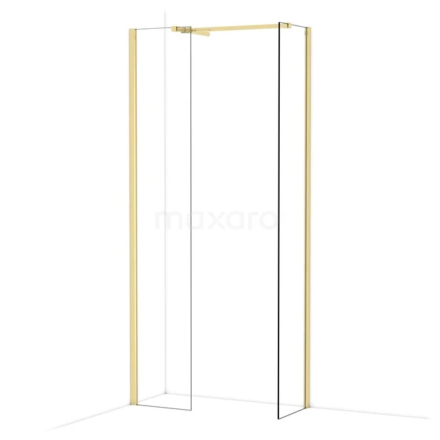 Goldene Duschwand mit Eckeinstieg, minimalistisches Design und Klarglas, ideal für luxuriöse Badezimmergestaltung.