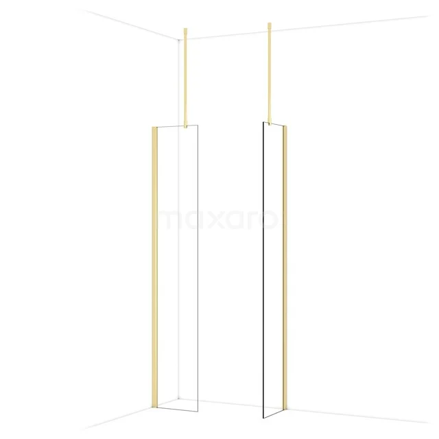 Wit glazen douchewand met goudkleurig frame, minimalistisch design; ideaal als stijlvolle toevoeging in moderne badkamers.