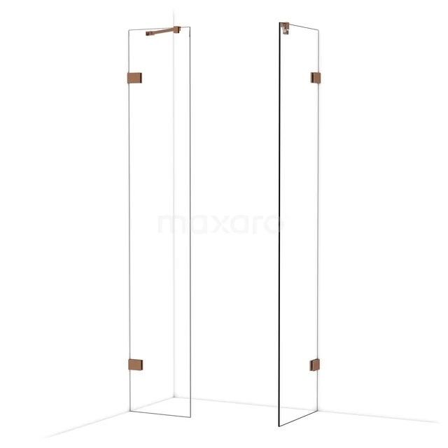 Glasene Duschwand mit kupferfarbenen Scharnieren, elegantes Design, ideal als stilvolle Ergänzung zu modernen Bädern.