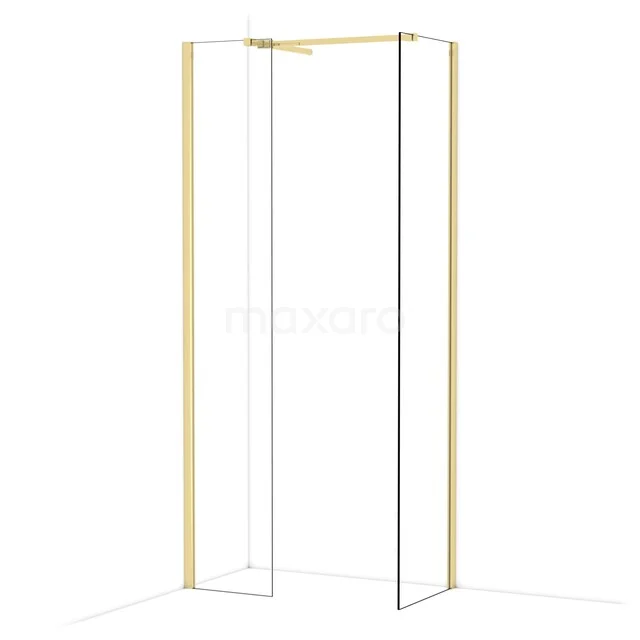 Gouden douchewand met hoekinstap en glazen panelen, ideaal voor een moderne badkamer, uit de luxe minimalistische designserie.