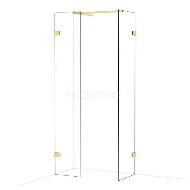 Glass shower cabin with gold-coloured hinges, modern design for luxury bathrooms.