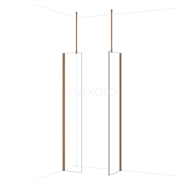 Minimalistische Glas-Duschwand mit schlanken roségoldenen Profilen, ideal für eine moderne Badezimmergestaltung.