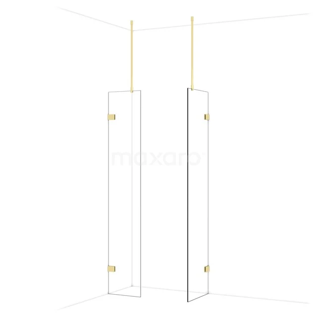 Transparante glazen douchewand met goudkleurige bevestigingen, minimalistisch ontwerp voor moderne badkamerrenovatie.