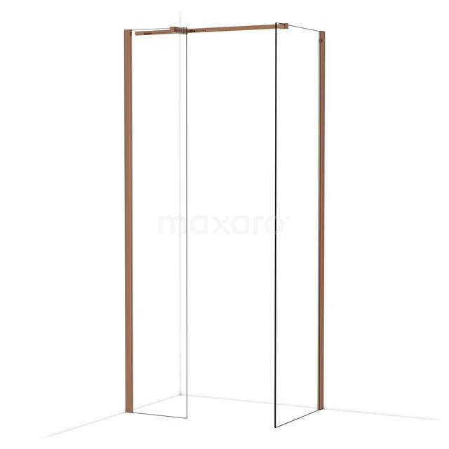 Douchewand met roségoud frame, rechthoekige vorm, helder glas. Modern badkamerdesign met luxe uitstraling.