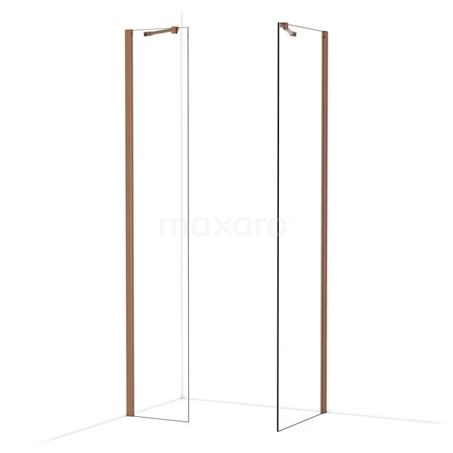 Begehbare Duschen IDB0406410GKP Duschwand mit kupferfarbenen Profilen, minimalistisches Design und Klarglas, perfekt für moderne Badezimmergestaltungen.