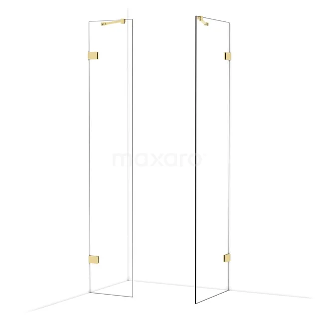 Glasene Duschwand mit goldfarbenen Scharnieren, minimalistisches Design, perfekte Ergänzung für ein modernes Badezimmer.