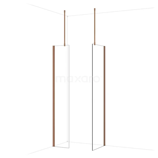 Matte glazen douchewand met roze details, modern design, geschikt voor compacte badkamers.