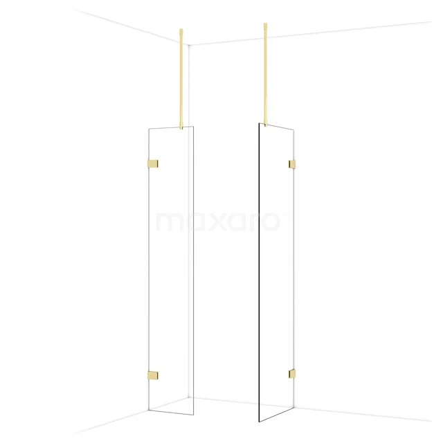 Glas Duschwand mit Gold Details, Eckmontage und schlankem Design für eine moderne Badezimmer Ausstrahlung.