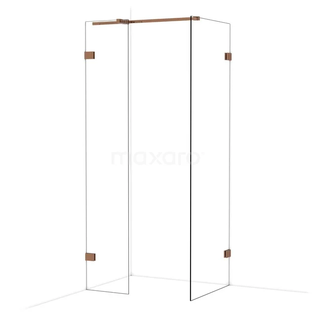 Glazen douchewand met hoekdesign, transparant glas en koperkleurige accenten, ideaal voor een stijlvolle badkamerinrichting.