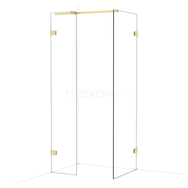 Duschkabine aus Glas mit goldenen Scharnieren, modernes Design und eckige Form, perfekt für eine stilvolle Badezimmergestaltung.