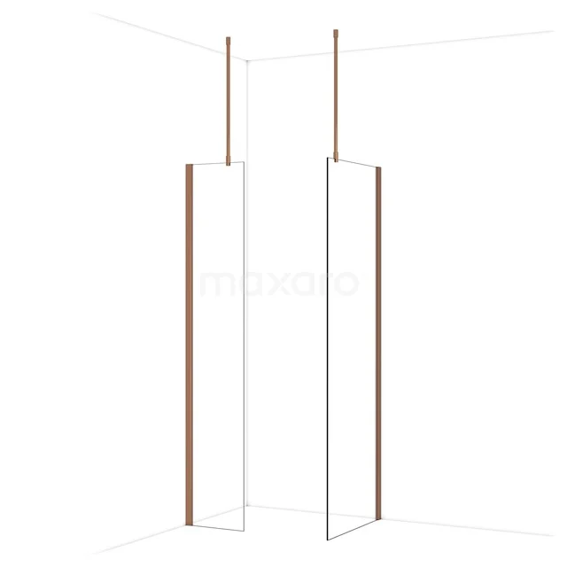 Minimalistische douchewand met gouden accenten, gemaakt van glas en aluminium, ideaal voor een stijlvolle badkamer.