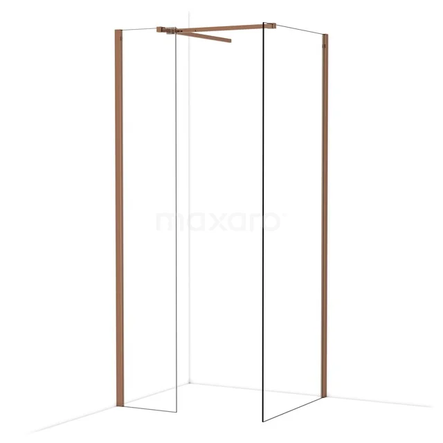 Douchewand met minimalistisch design, transparant glas en koperkleurige profielen, ideaal voor een moderne badkamerstijl.