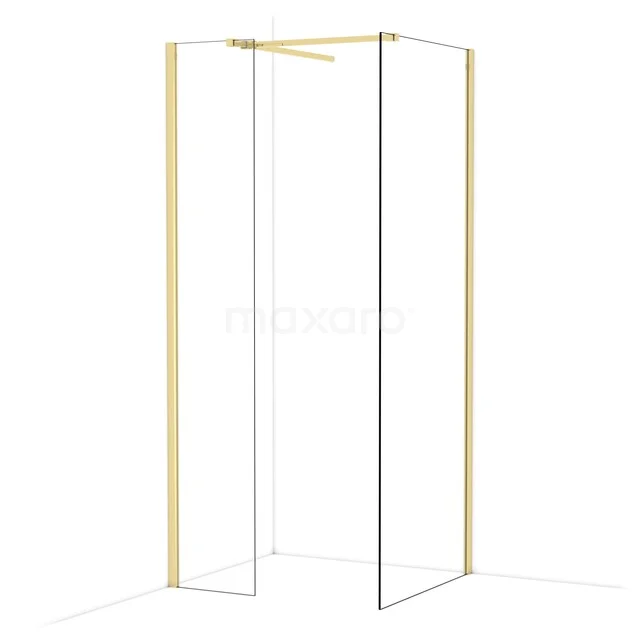 Diamond Walk-in shower | 80x40 cm Glossy light gold Clear glass 2 fixed walls IDB0408510GLG Gouden hoekdouchewand met minimalistisch frame en transparant glas, ideaal voor moderne badkamers.