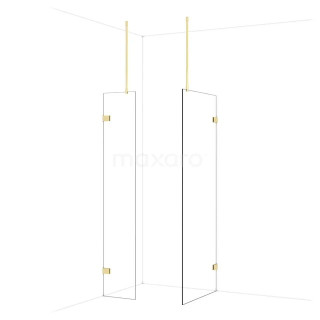 Glazen douchewand met gouden details, minimalistisch design, ideaal voor een moderne badkamer.