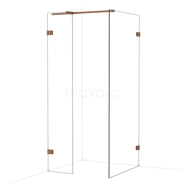 Glazen douchecabine met hoekinstap, transparant glas, bronskleurige scharnieren, ideaal voor een moderne badkamer.