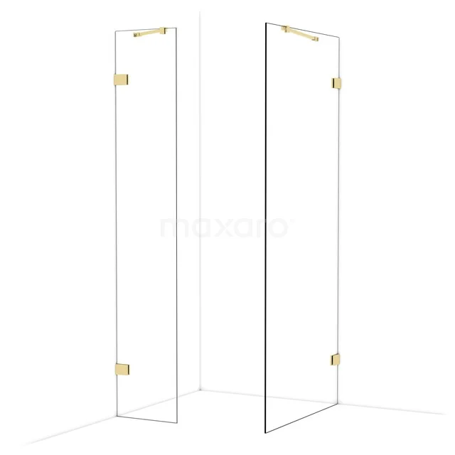 Douchewand met gouden scharnieren, transparant glas en strak design, ideaal voor een stijlvolle en moderne badkamer.