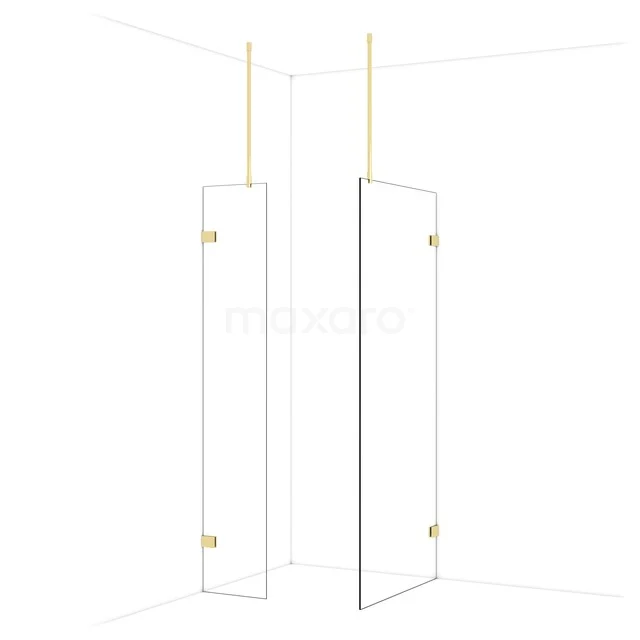 Glas Duschwand mit goldfarbenen Scharnieren, minimalistisches Design, ideal für eine moderne Badezimmergestaltung.