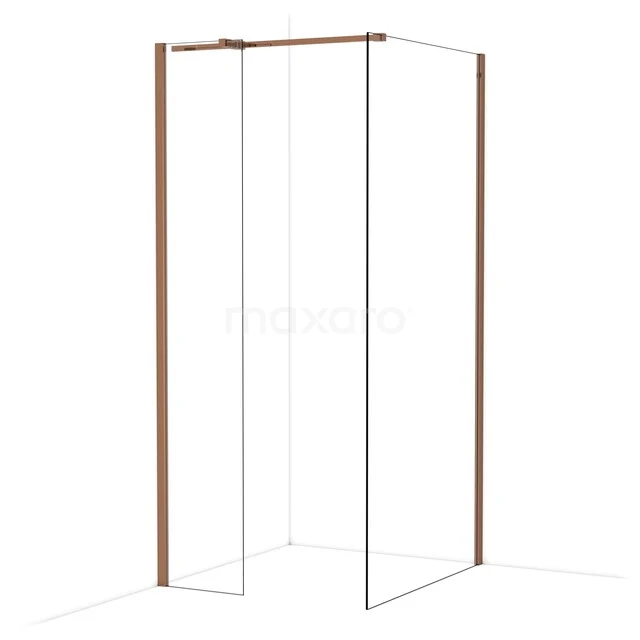 Douchewand met hoekopstelling, minimalistisch design, transparant glas en houten details, ideaal voor moderne badkamers.