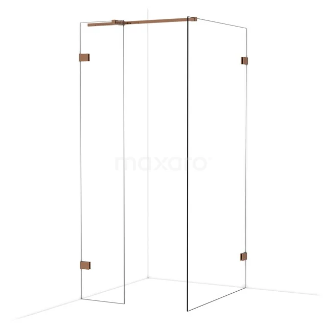 Doorzichtige hoekdouchecabine met glazen wanden en koperkleurige accenten, perfect voor een moderne badkamerstijl.
