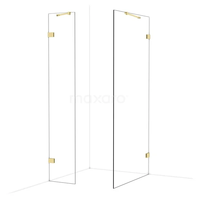 Doorzichtige glazen douchewand met strakke lijnen, gouden scharnieren en minimalistisch design; perfecte aanvulling voor de badkamer.