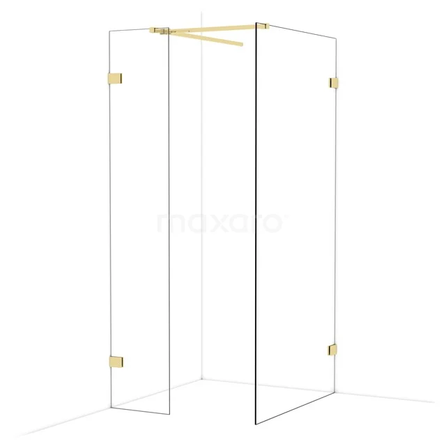 Glass corner shower with gold hinges, minimalist design and sleek frame, ideal for a modern bathroom style.