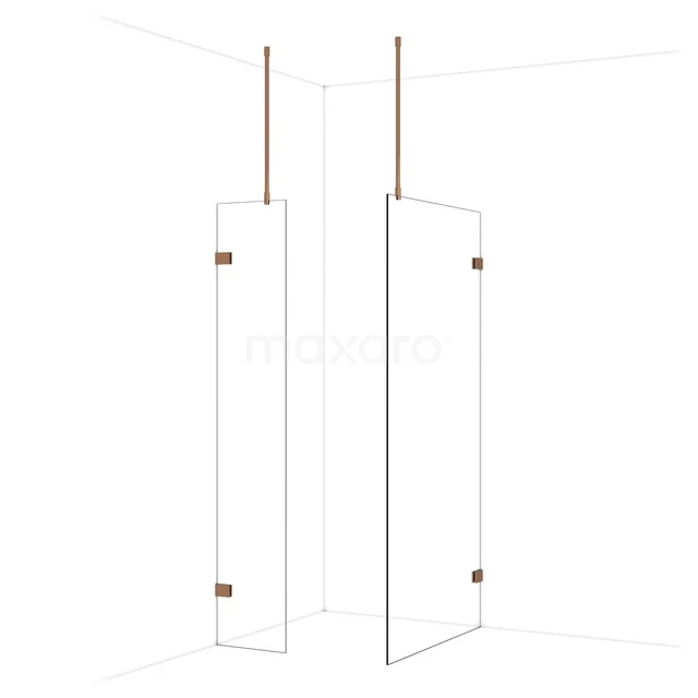 Helder glazen douchewand met koperkleurige steunen, minimalistisch design, perfect voor een moderne badkamer.