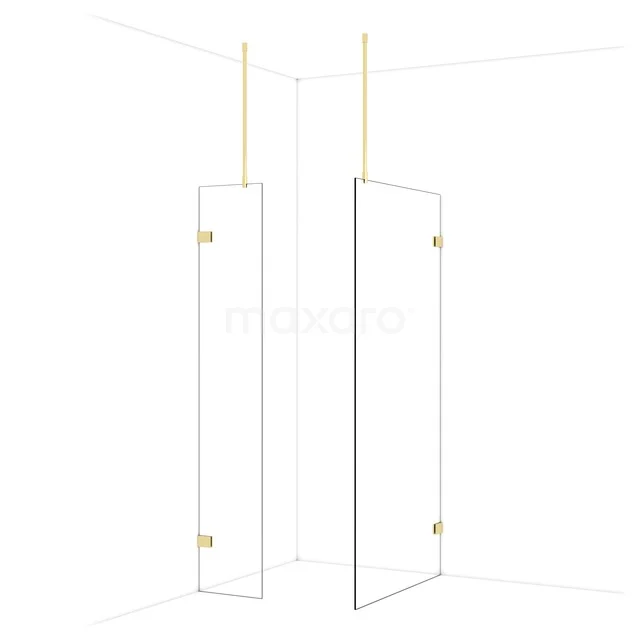 Minimalistische glazen douchewand met gouden scharnieren, modern design perfect voor een stijlvolle badkamer inrichting.