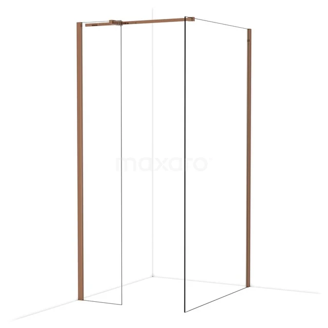 Begehbare Dusche mit minimalistischem Design, gläsernen Wänden und kupferfarbenen Akzenten, ideal für ein modernes Badezimmer.