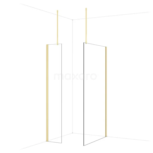 Elegant glass shower wall with gold-coloured profiles, sleek design ideal for modern bathrooms.