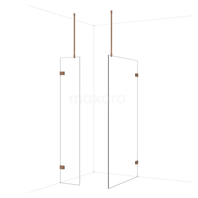 Douchewand met helder glas en koperkleurige profielen, modern design voor een stijlvolle badkamer.