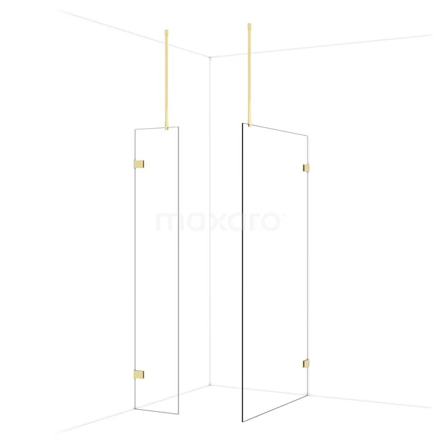 Glas Duschwand mit goldfarbenen Scharnieren, eckiges Design, ideal für moderne Badezimmergestaltung.