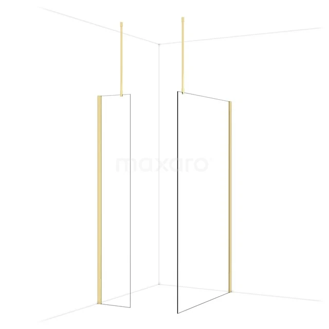 Minimalistische douchewand van glas met gouden accenten, ideaal voor een moderne badkamerinrichting.