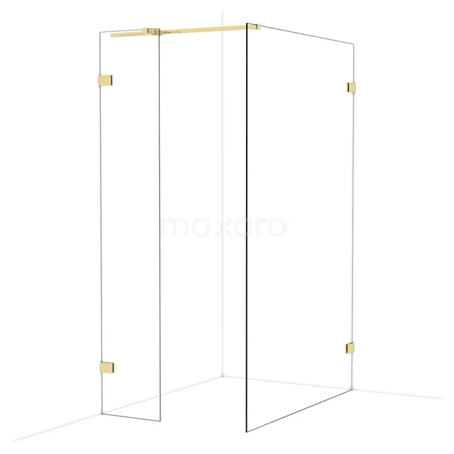 Glass corner shower wall with brass hinges, modern bathroom accessory for a stylish appearance.