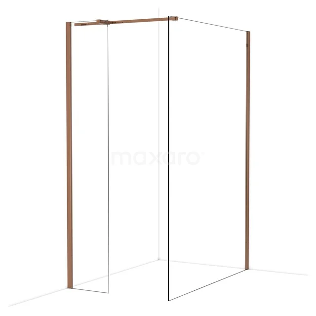 Douchewand met hoekopstelling, minimalistisch design, helderglas en mat messing profiel, ideaal voor stijlvolle badkamers.