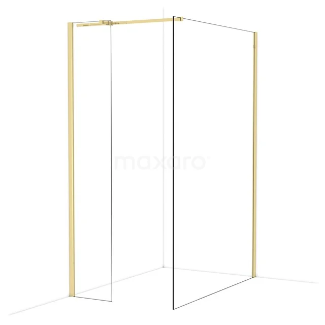 Shower wall with gold frame, corner arrangement of glass, modern bathroom design, perfect for stylish and luxurious bathrooms.