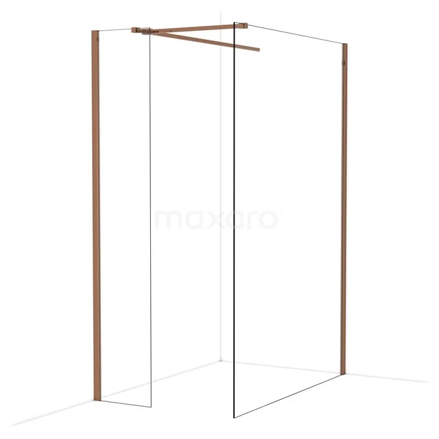 Douchewand van helder glas met rosegouden profielen, modern design, ideaal voor een luxe badkamer uitstraling.