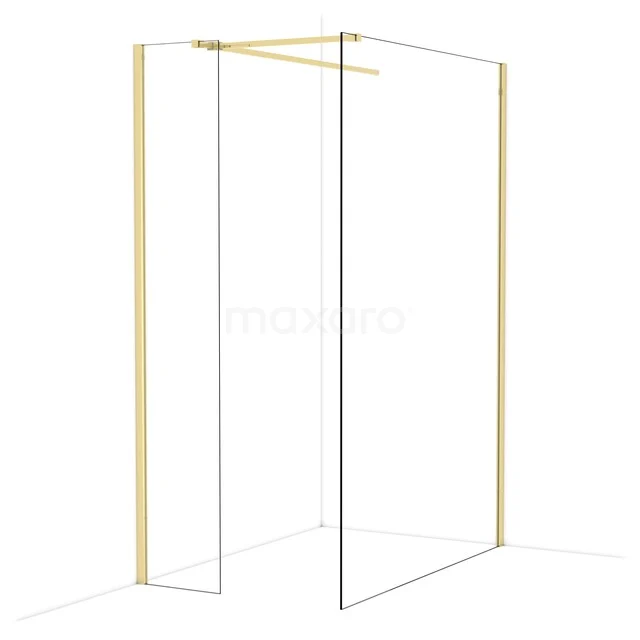 Gouden douchewand met strakke lijnen, glazen panelen en minimalistisch design, perfect voor een moderne badkamerstijl.