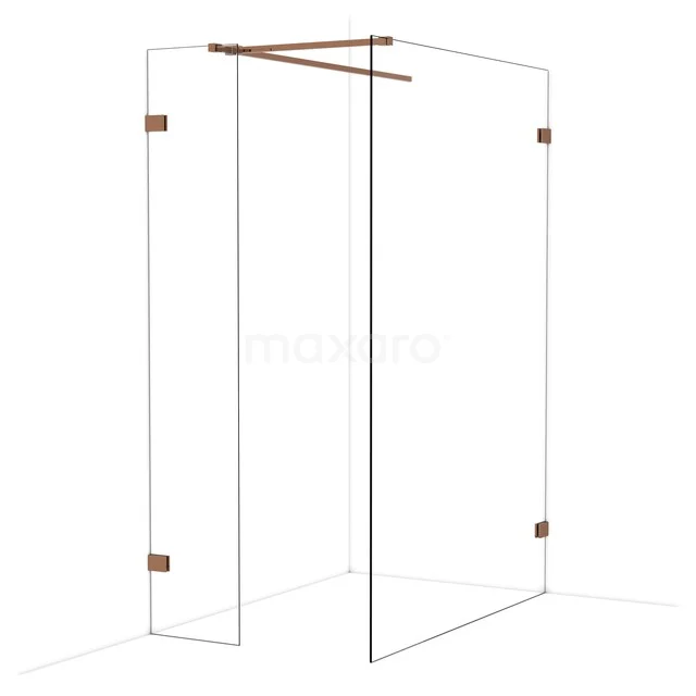 Duschwand mit Klarglas, kupferfarbenen Akzenten und Eckdesign, perfekt für eine moderne Badezimmerrenovierung.