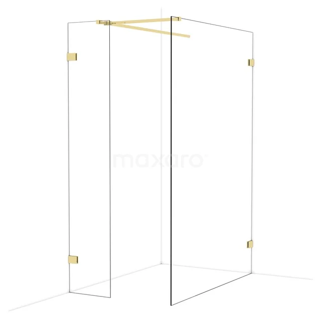 Glasene Duschwand mit goldenen Beschlägen, Eckmodell mit klarem Design für einen luxuriösen Badezimmerstil.