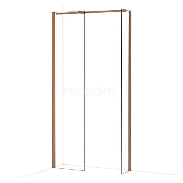 Duschwand mit kupferfarbenem Rahmen, Glasplatte und Eckeinsteig, elegantes Design für moderne Badezimmergestaltung.