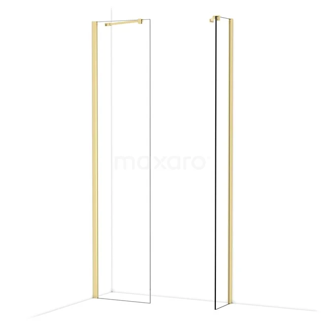Douchewand met goudkleurig profiel, strak design en helder glas. Perfect als luxe toevoeging aan een moderne badkamer.