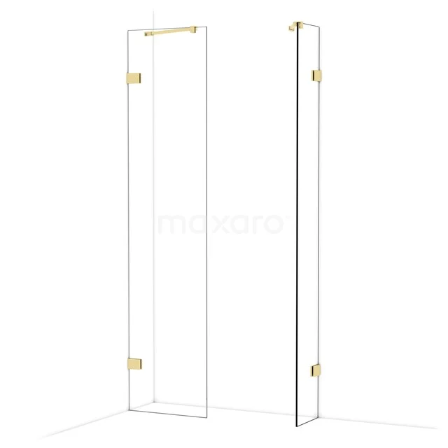 Glazen douchewand met gouden scharnieren, strak design, ideaal voor een moderne badkamerinrichting.